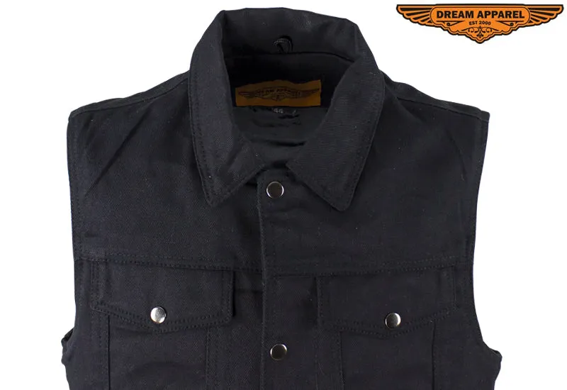 Mens Black Denim Motorcycle Vest With Buttoned Front Closure