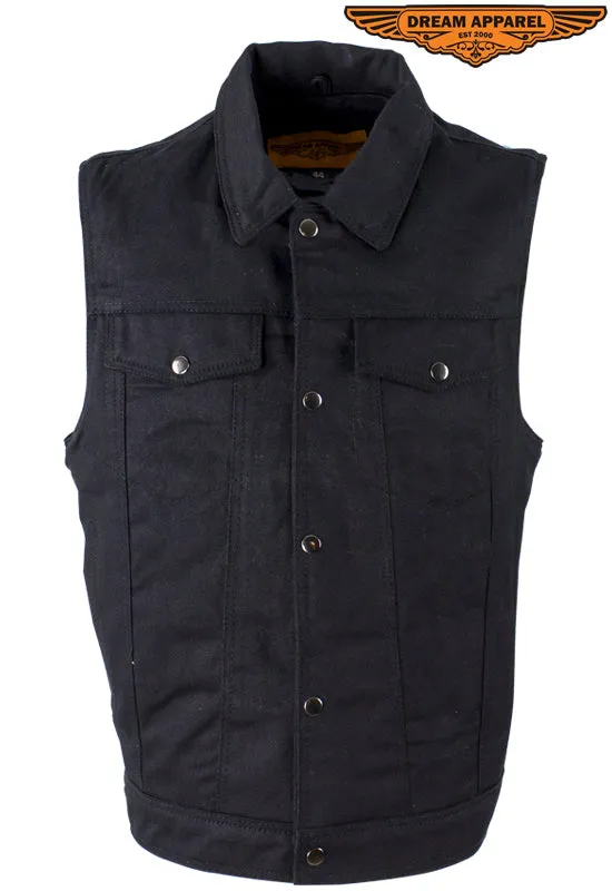 Mens Black Denim Motorcycle Vest With Buttoned Front Closure