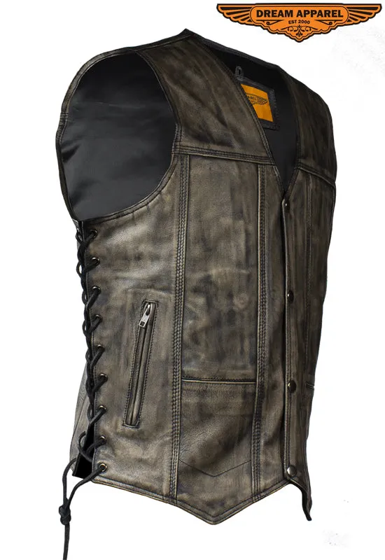 Mens Distressed Brown Motorcycle Vest With 10 Pockets Side Laces