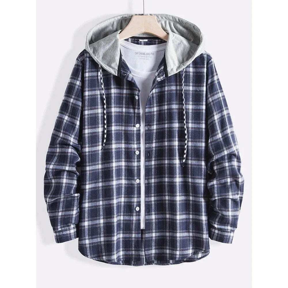 Men's Drawstring Hooded Loose Shirt Plaid Patchwork Long Sleeve Shirt