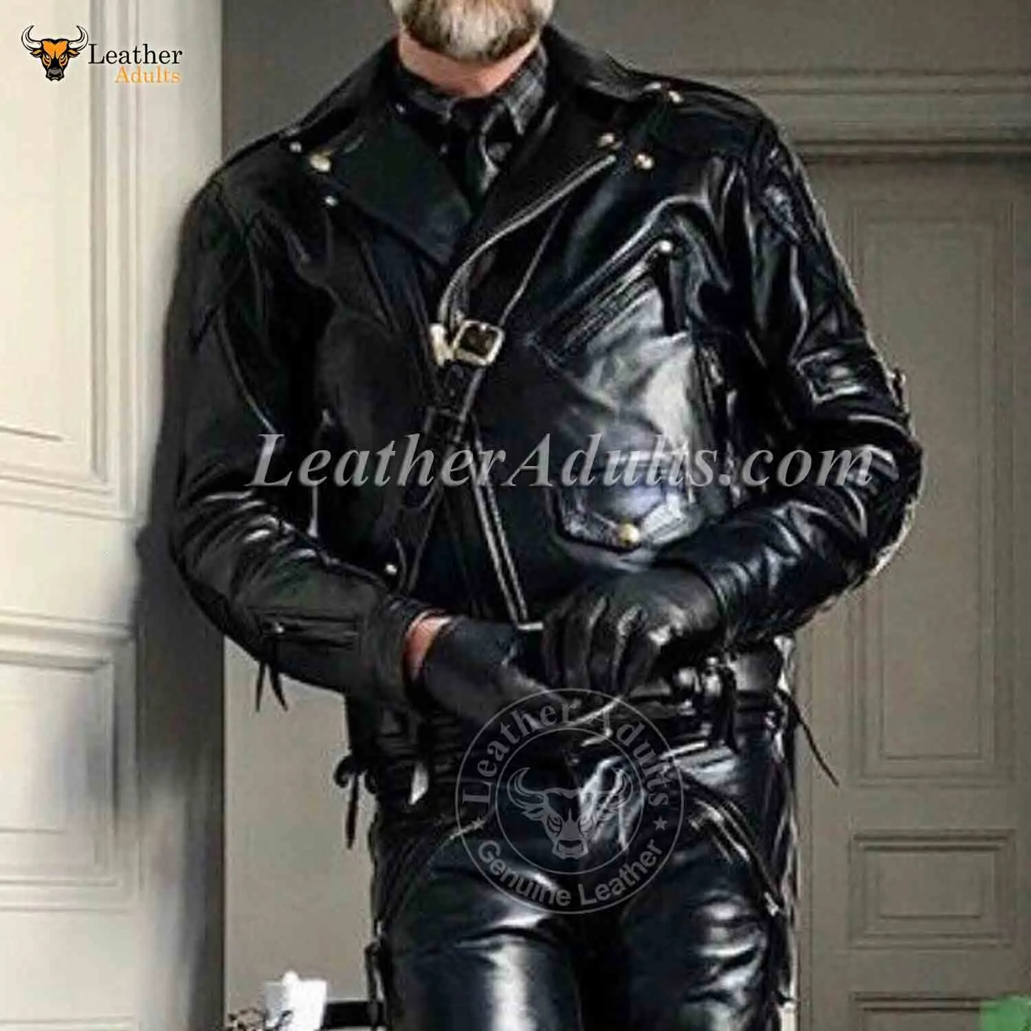 Men's Real Cowhide Leather Quilted Panels Bikers Jacket Thick Cow Leather BLUF Bikers Jacket