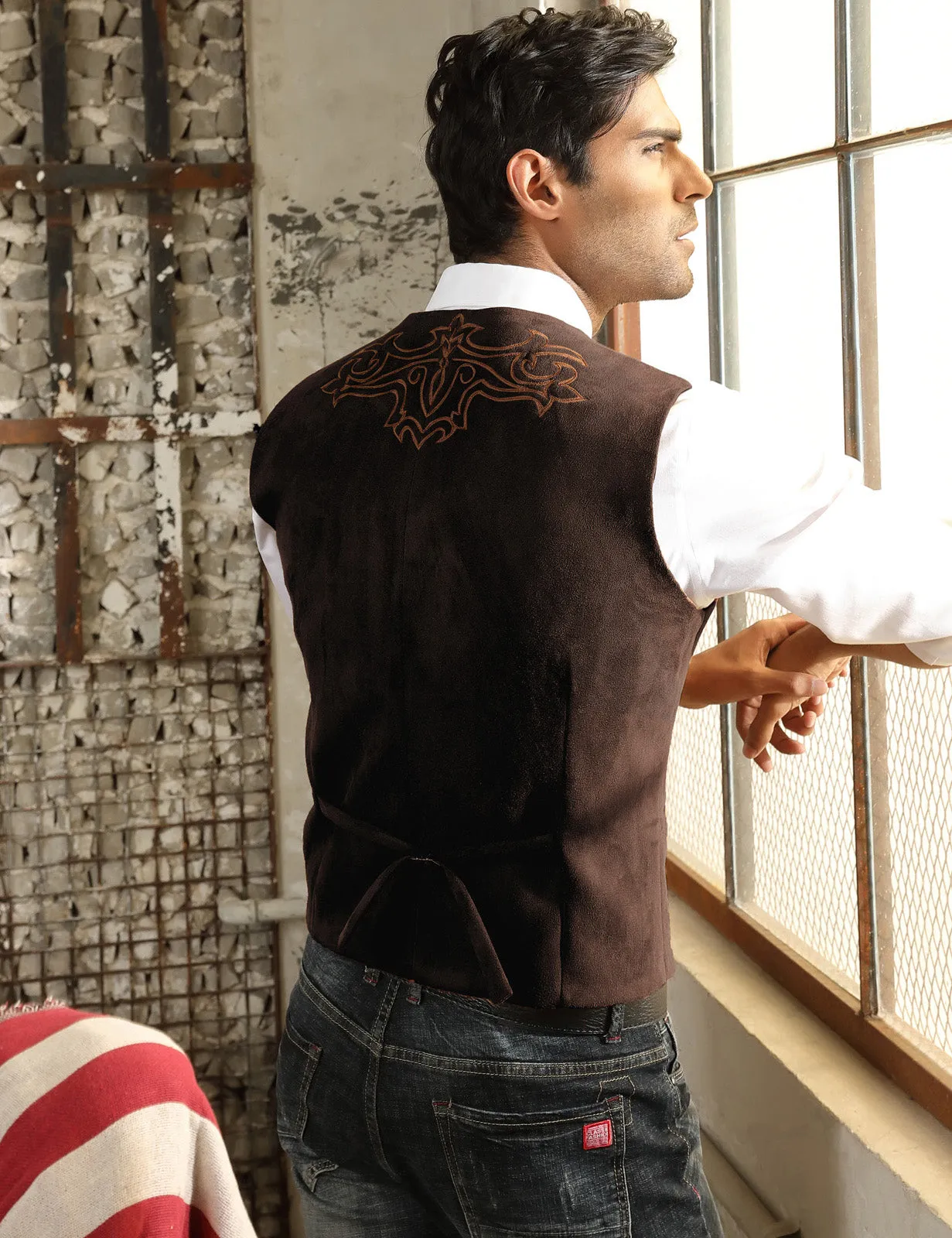 Men's Suede Leather Suit Vest Embroidery Leisure Slim Fit Western Vest Waistcoat