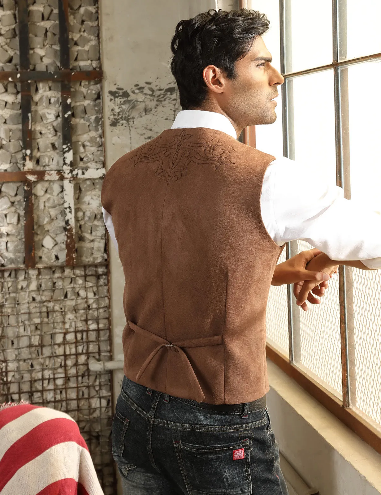 Men's Suede Leather Suit Vest Embroidery Leisure Slim Fit Western Vest Waistcoat