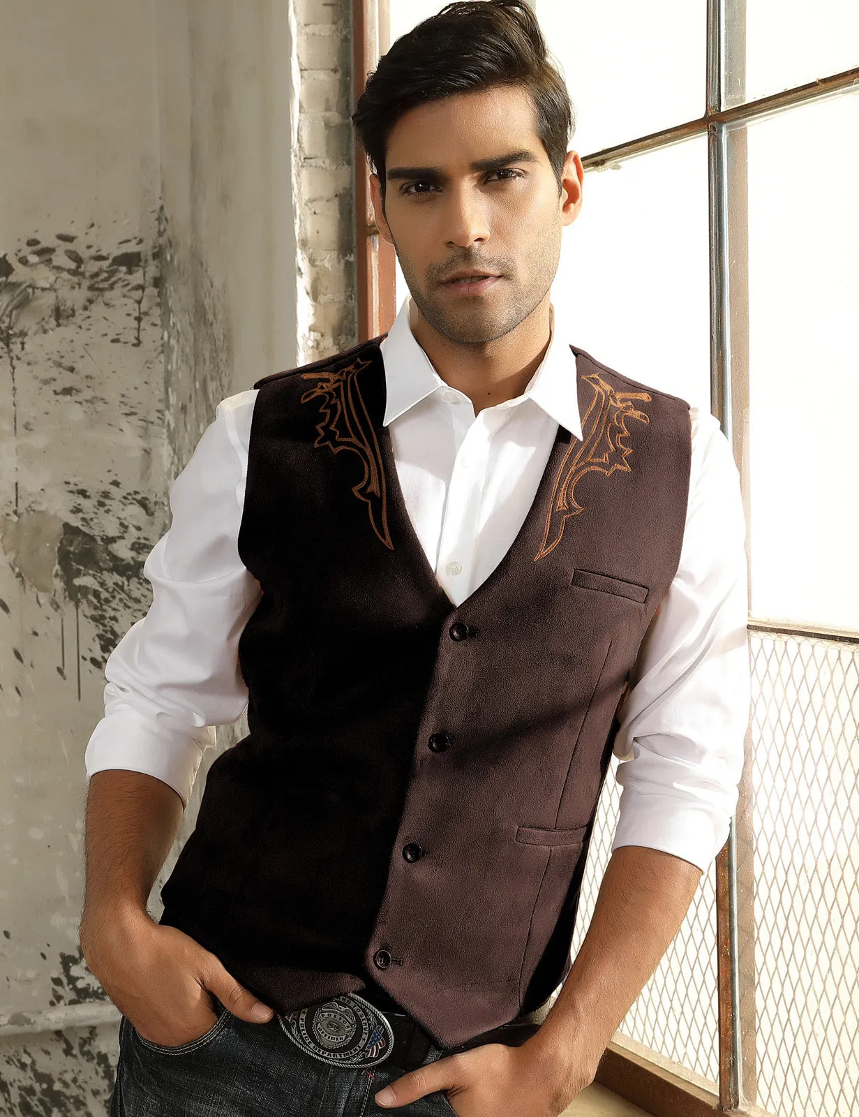 Men's Suede Leather Suit Vest Embroidery Leisure Slim Fit Western Vest Waistcoat