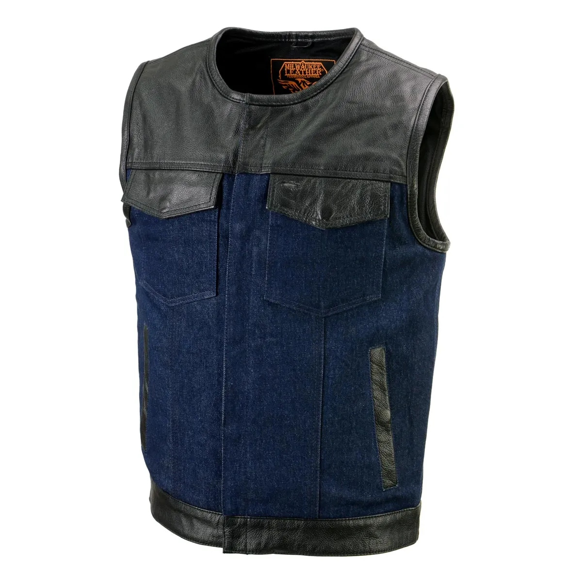 Milwaukee Leather Men's Brute Dual Closure Blue Denim and Black Leather Club Style Vest MDM3004