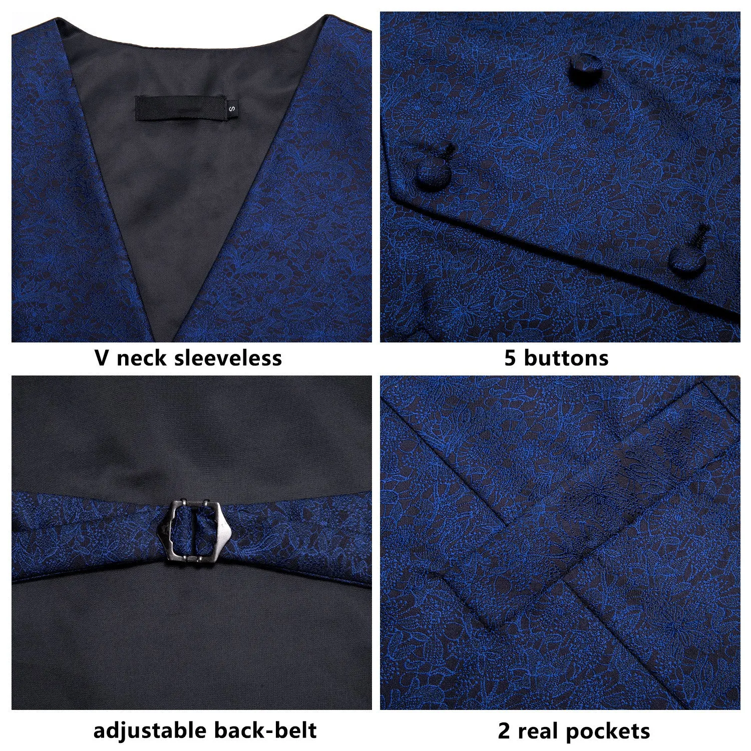 Navy Blue Floral Jacquard Silk Men's Vest Hanky Cufflinks Tie Set