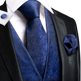 Navy Blue Floral Jacquard Silk Men's Vest Hanky Cufflinks Tie Set