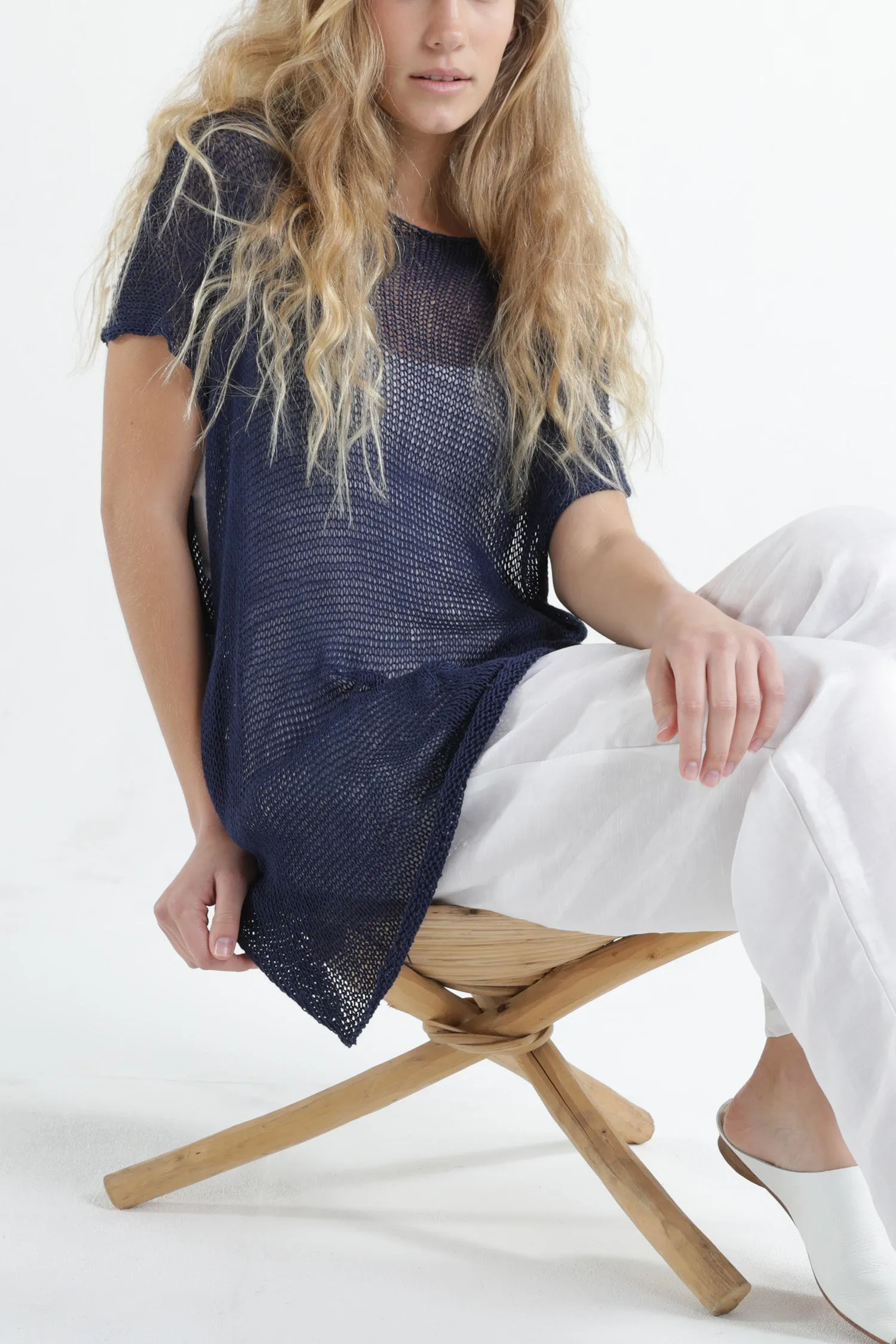 Navy Blue Loose Giza Bamboo & Cotton sleeveless knit top