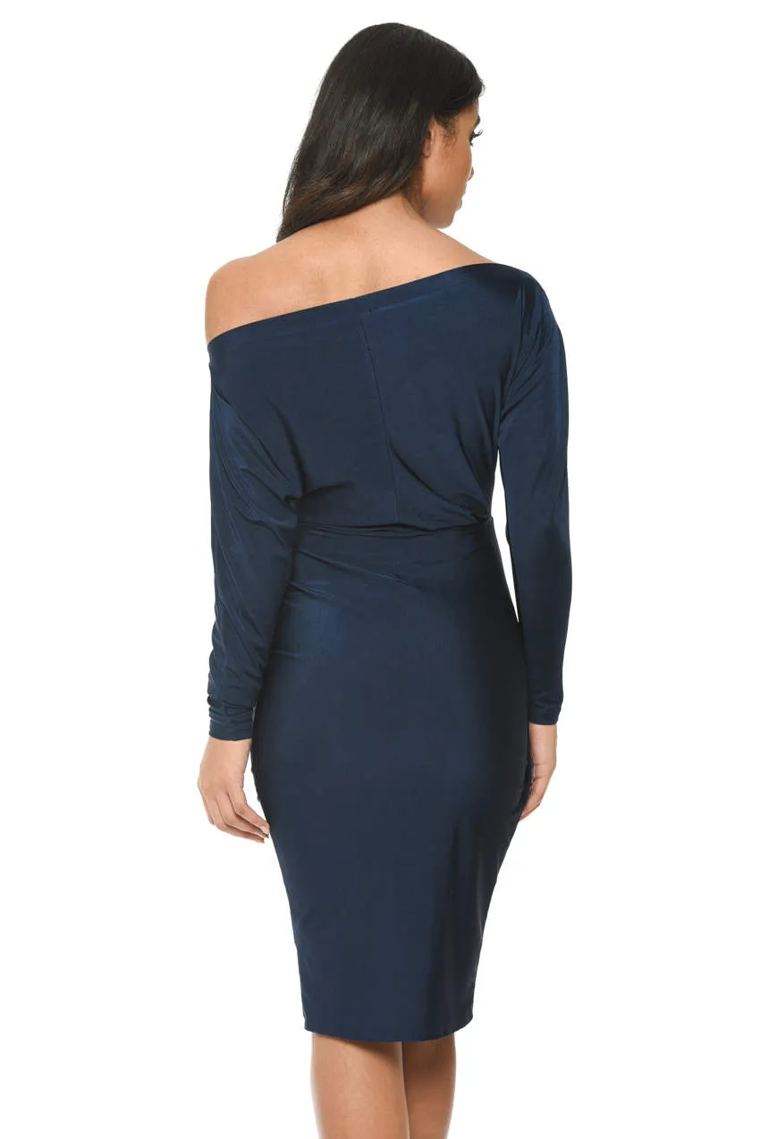 Navy Long Sleeve Stretch Wrap Around Dress