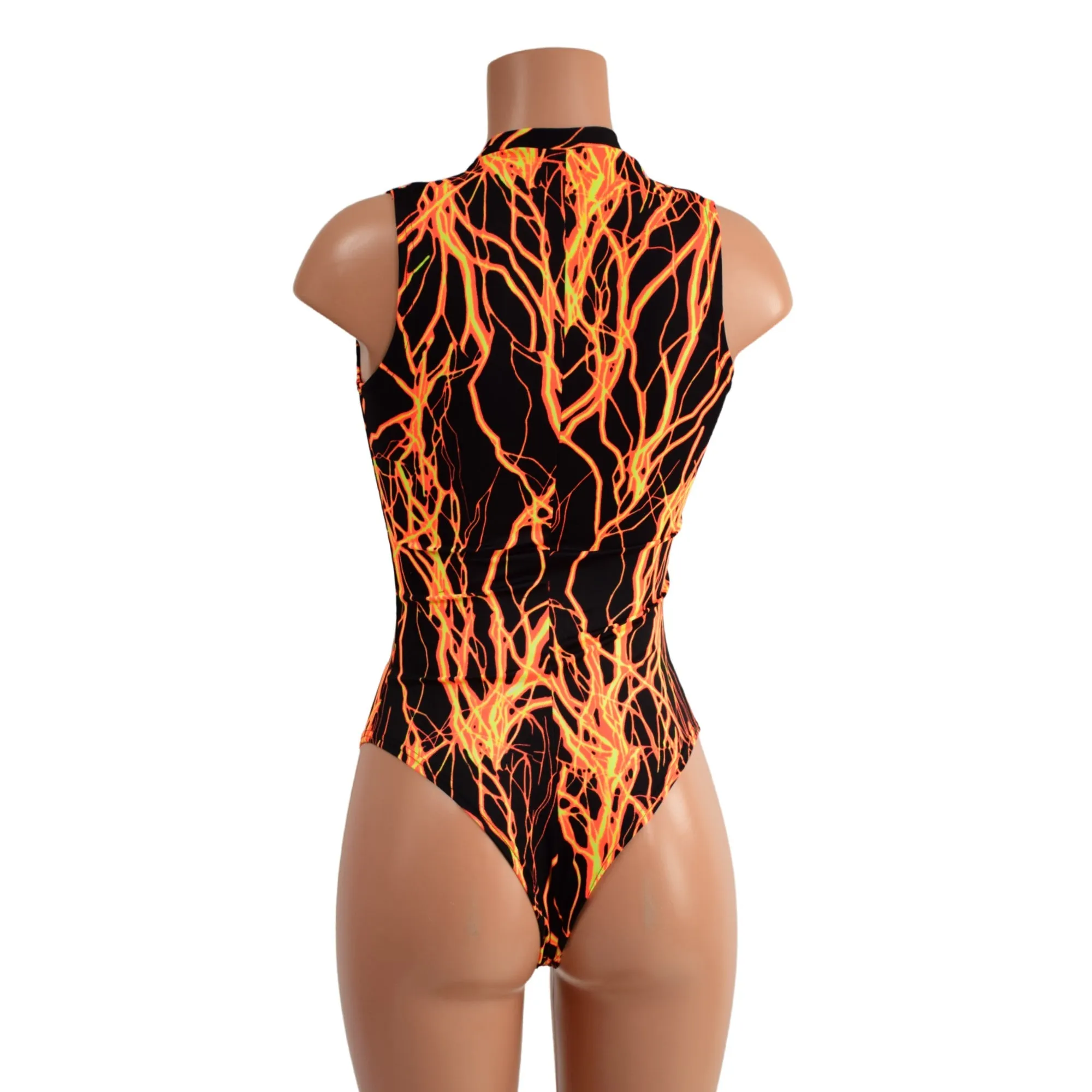 Neon Orange Lightning Plunging V Neck Romper with Brazilian Cut Leg