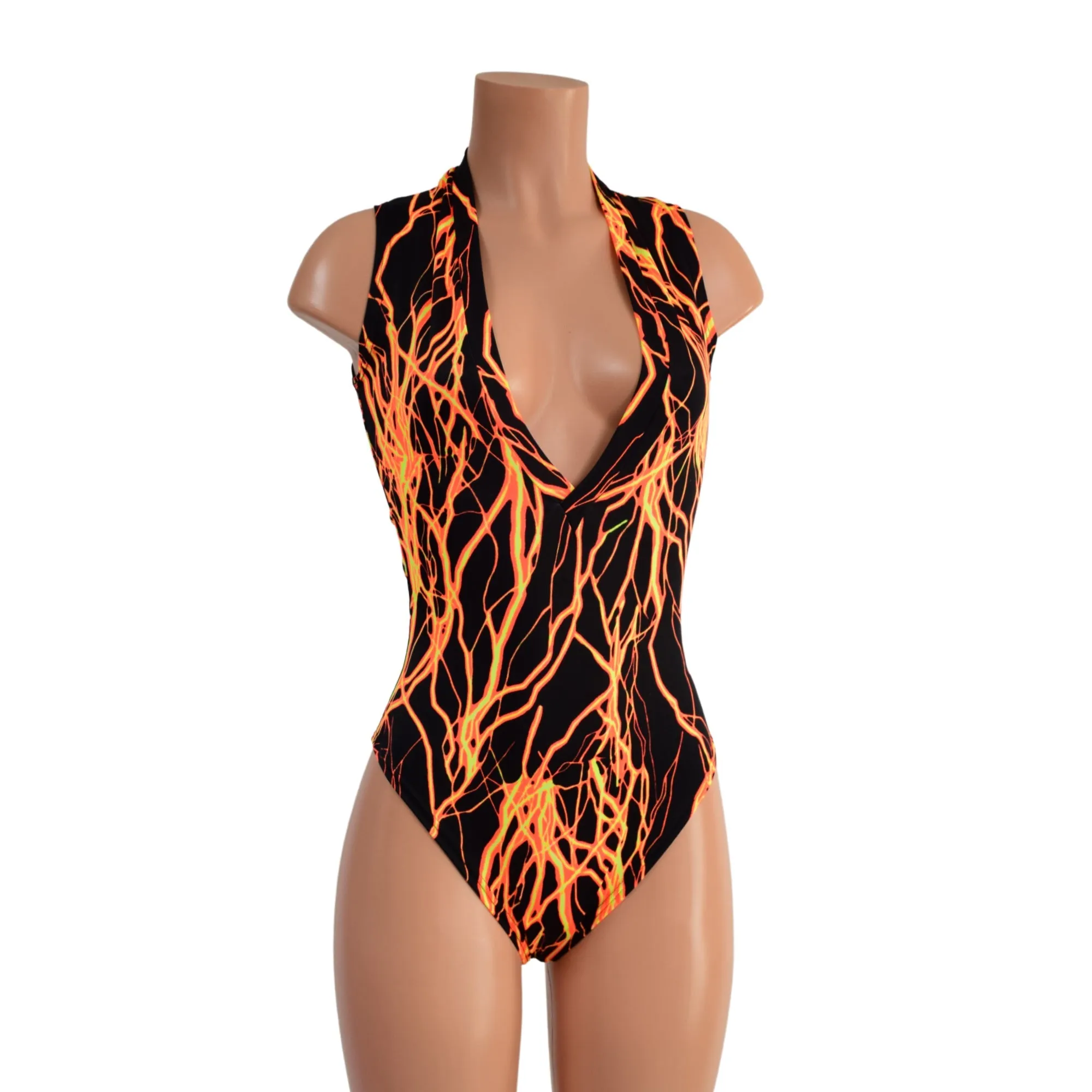 Neon Orange Lightning Plunging V Neck Romper with Brazilian Cut Leg