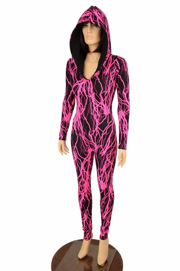 Neon Pink Lightning Hooded Catsuit