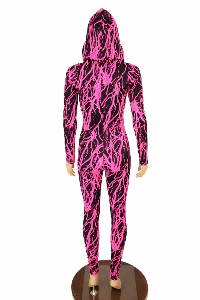 Neon Pink Lightning Hooded Catsuit