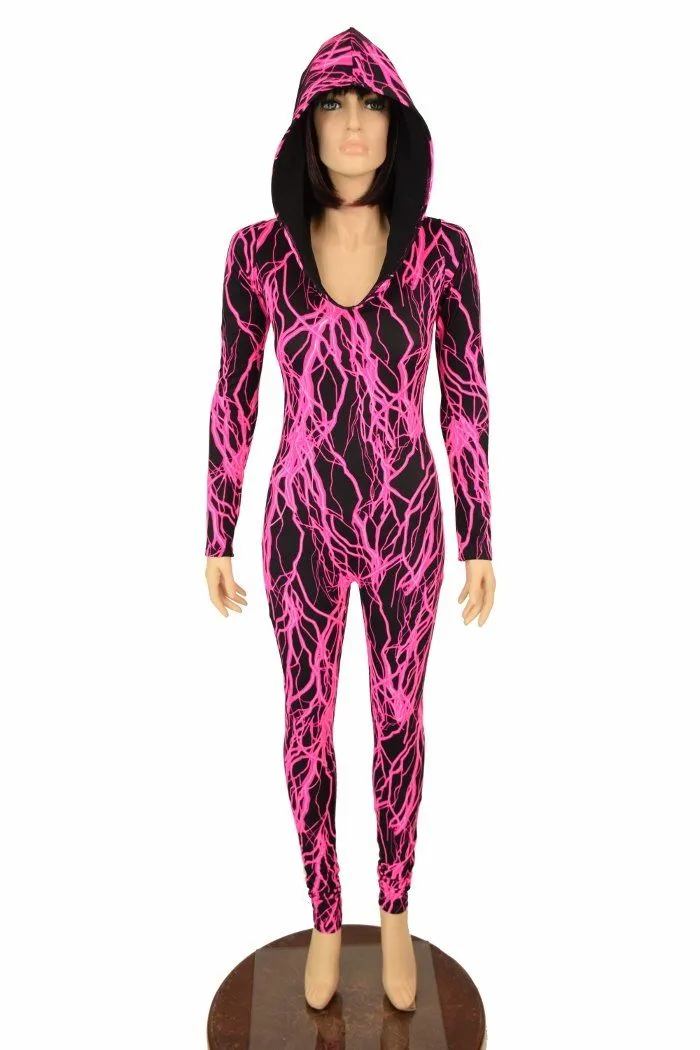 Neon Pink Lightning Hooded Catsuit