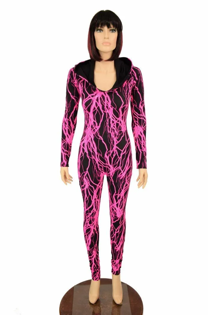 Neon Pink Lightning Hooded Catsuit