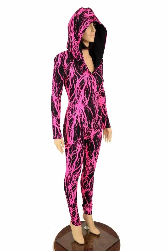 Neon Pink Lightning Hooded Catsuit