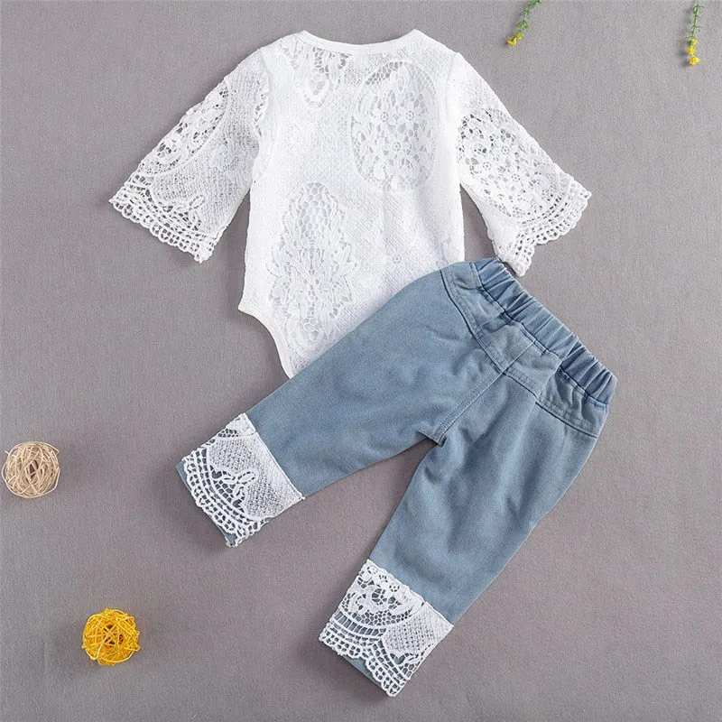 New Fashion 0-24M Baby Girls Fall Clothes Long Sleeve Lace Romper Suit Triangle Crotch Lace Top  Hole Long Jeans 2Pcs Outfit