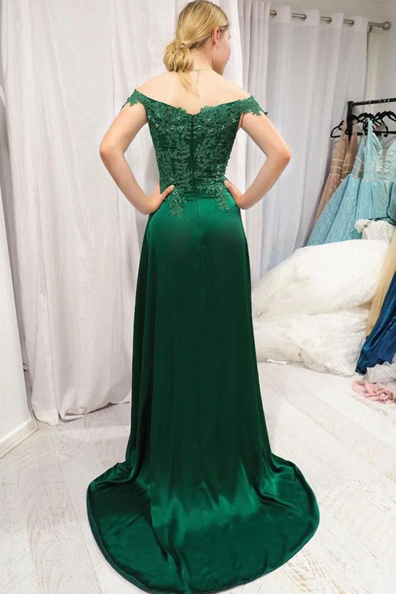 Off Shoulder Lace Top Green Long Prom Dress with Split, Off Shoulder Lace Green Bridesmaid Dress, Off Shoulder Lace Green Formal Graduation Evening Dress