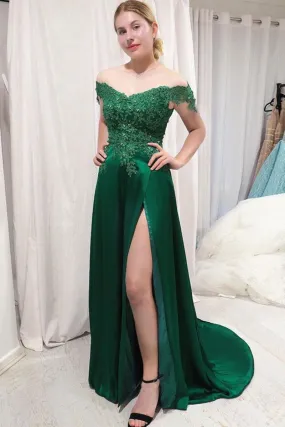 Off Shoulder Lace Top Green Long Prom Dress with Split, Off Shoulder Lace Green Bridesmaid Dress, Off Shoulder Lace Green Formal Graduation Evening Dress