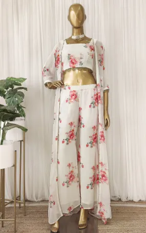 Off White Floral Crop-top & Pants Co-ord Set