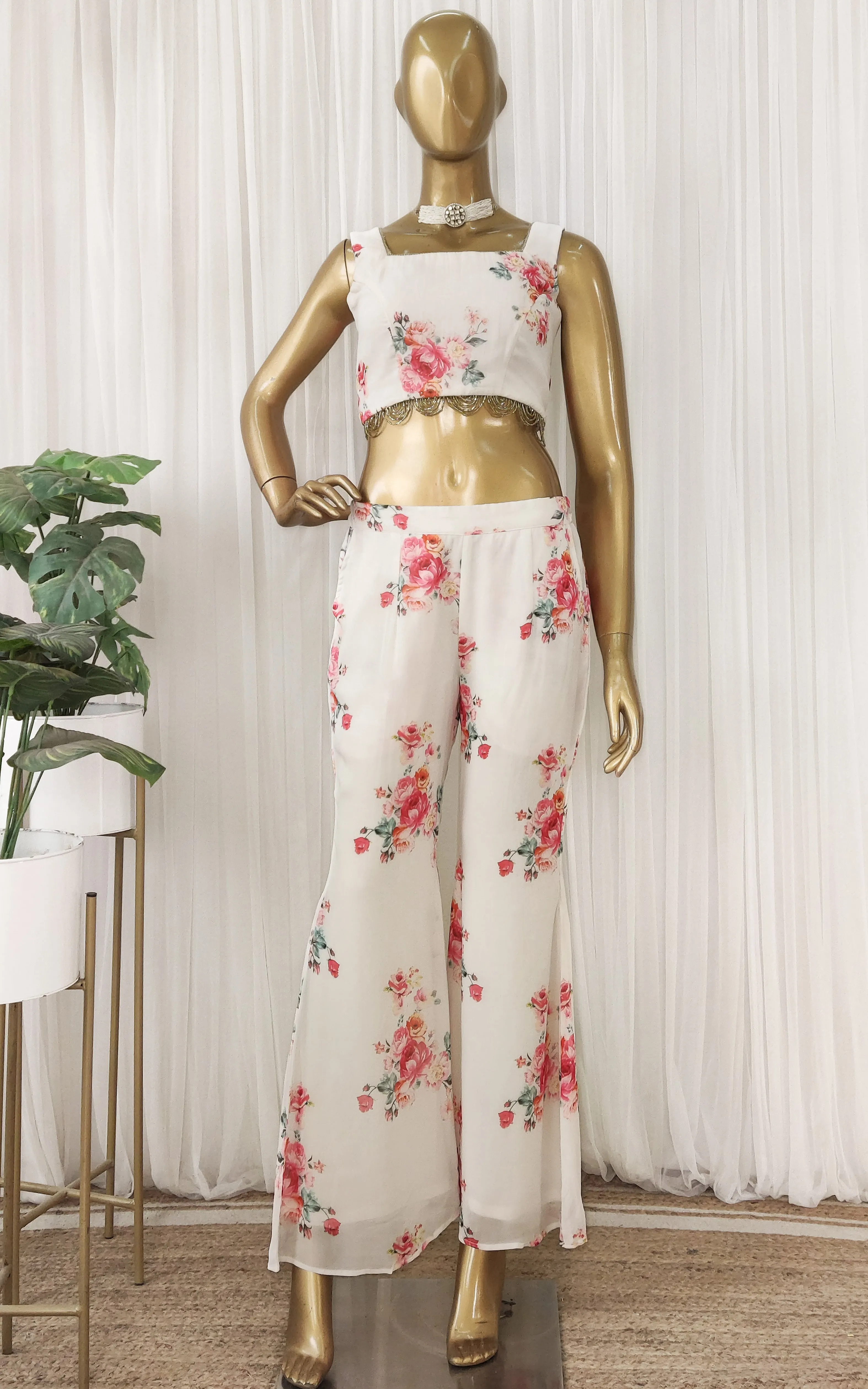 Off White Floral Crop-top & Pants Co-ord Set