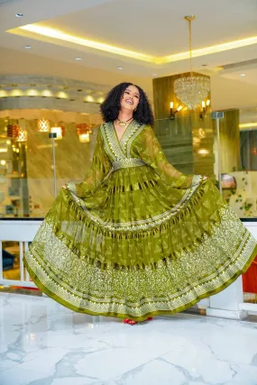 Olive Green Modern Design Habesha Chiffon: with Eye Catching Patterns Ethiopian Made Chiffon Dress