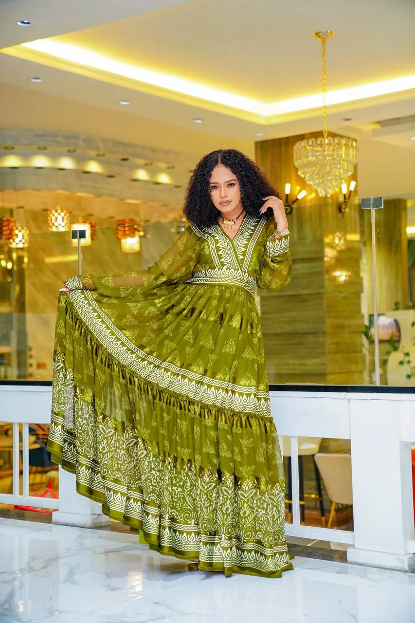 Olive Green Modern Design Habesha Chiffon: with Eye Catching Patterns Ethiopian Made Chiffon Dress