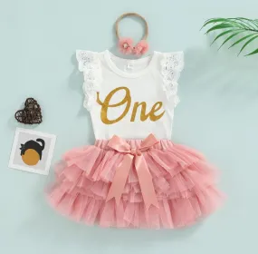 One Ruffle Lace Romper with Tutu Bloomer and Headband #1001080