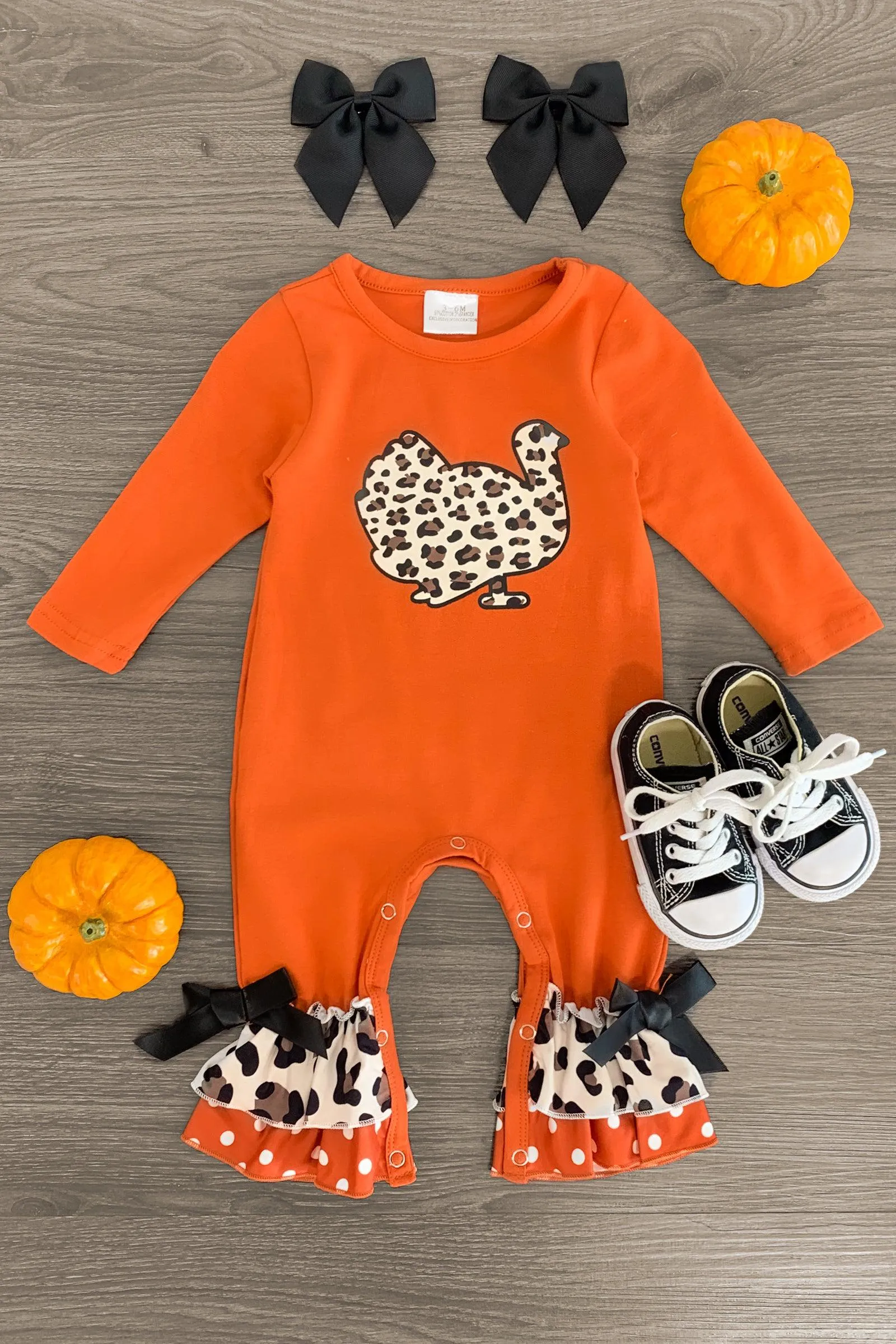 Orange Leopard Turkey Ruffle Romper