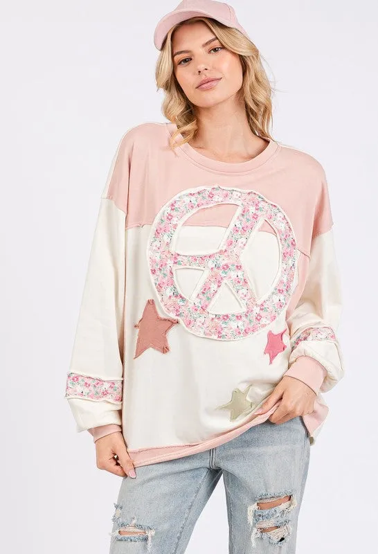 Peace & Star Patch Contrast Round Neck Sweatshirt