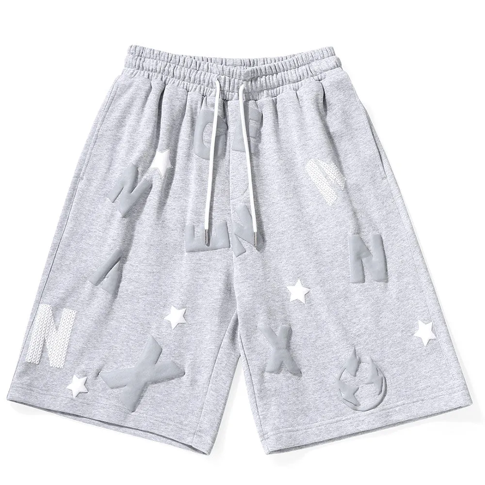 Pentagram Letter Graffiti Print Loose Cotton Shorts