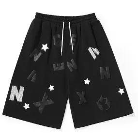 Pentagram Letter Graffiti Print Loose Cotton Shorts