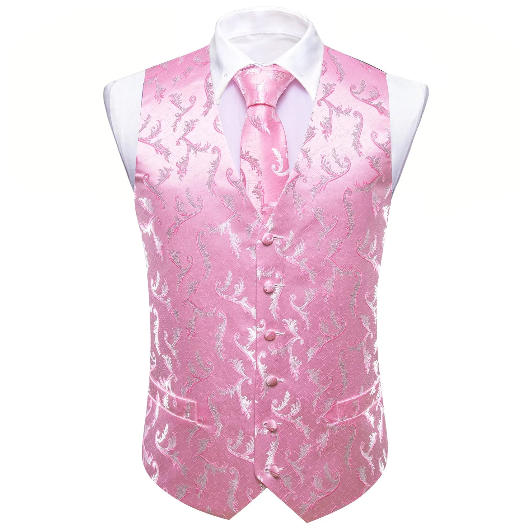 Pink Floral Silk Men's Vest Hanky Cufflinks Tie Set