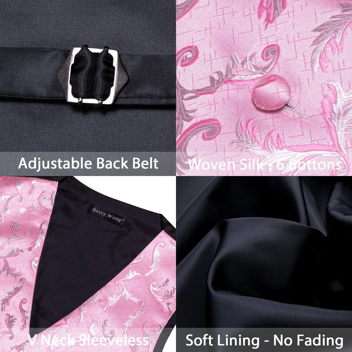 Pink Floral Silk Men's Vest Hanky Cufflinks Tie Set