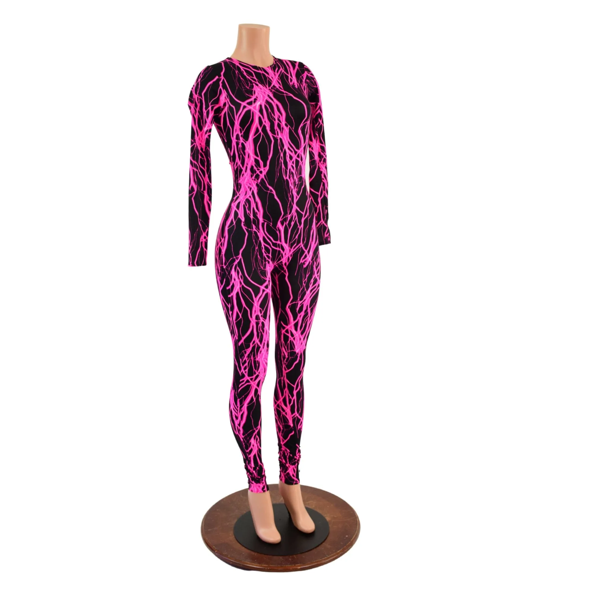 Pink Lightning Long Sleeve Catsuit with Crew Neck and Back Zipper