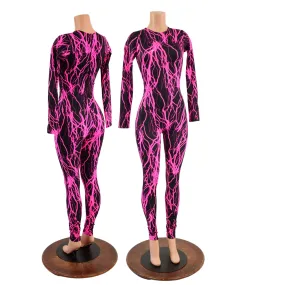 Pink Lightning Long Sleeve Catsuit with Crew Neck and Back Zipper