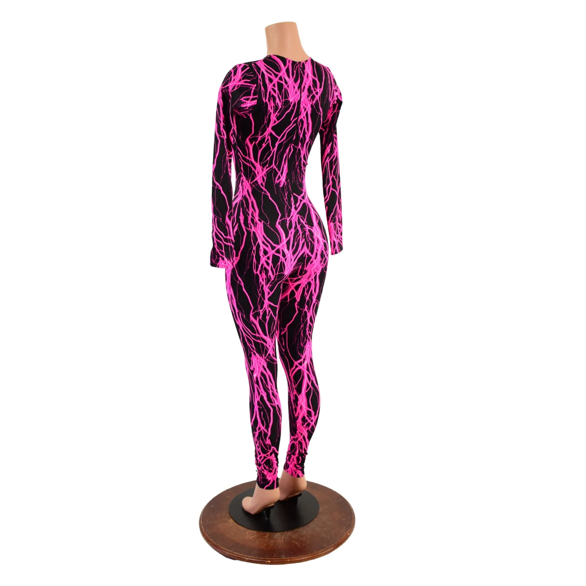 Pink Lightning Long Sleeve Catsuit with Crew Neck and Back Zipper