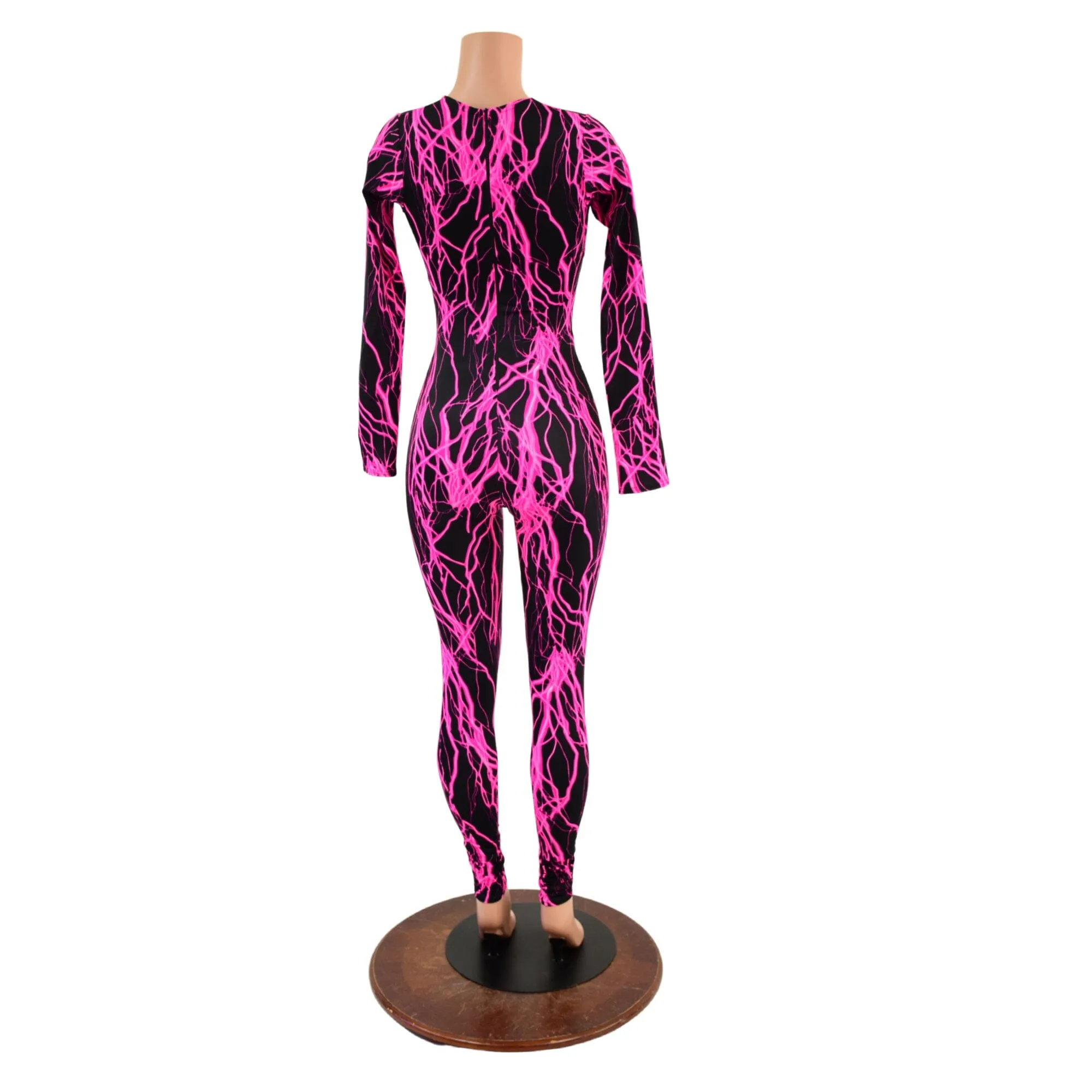 Pink Lightning Long Sleeve Catsuit with Crew Neck and Back Zipper