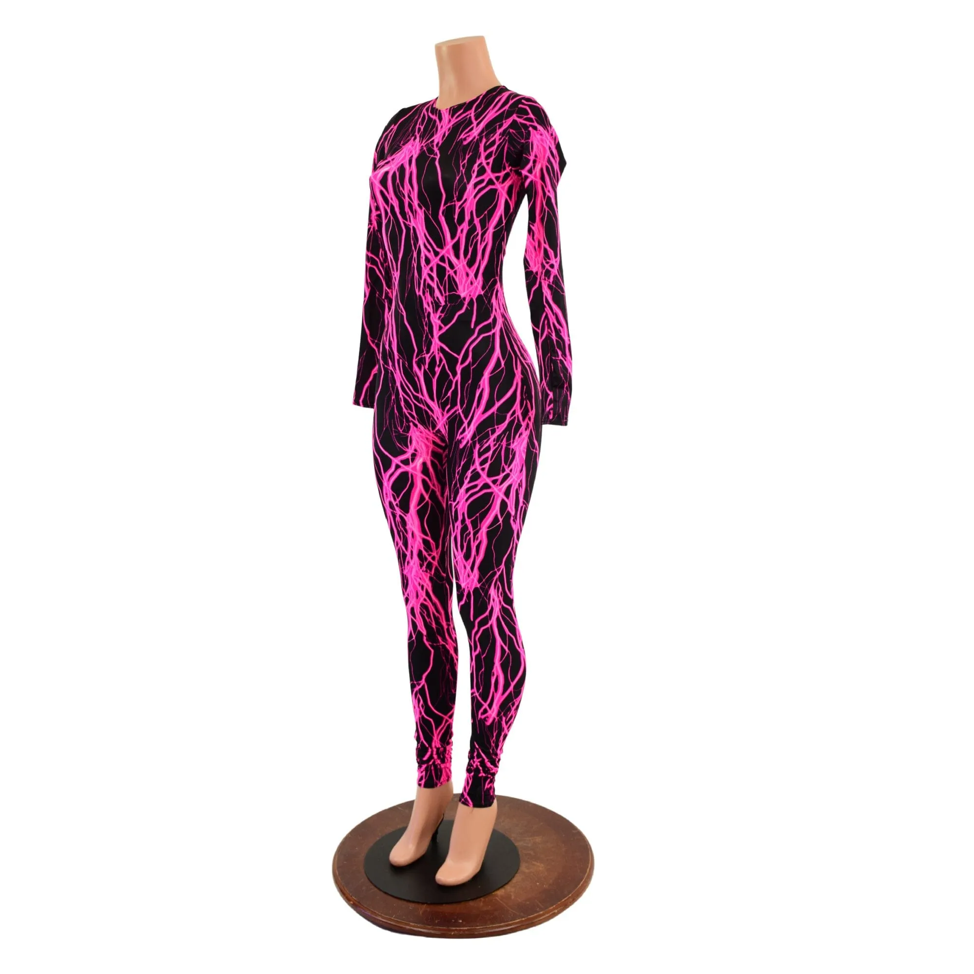 Pink Lightning Long Sleeve Catsuit with Crew Neck and Back Zipper