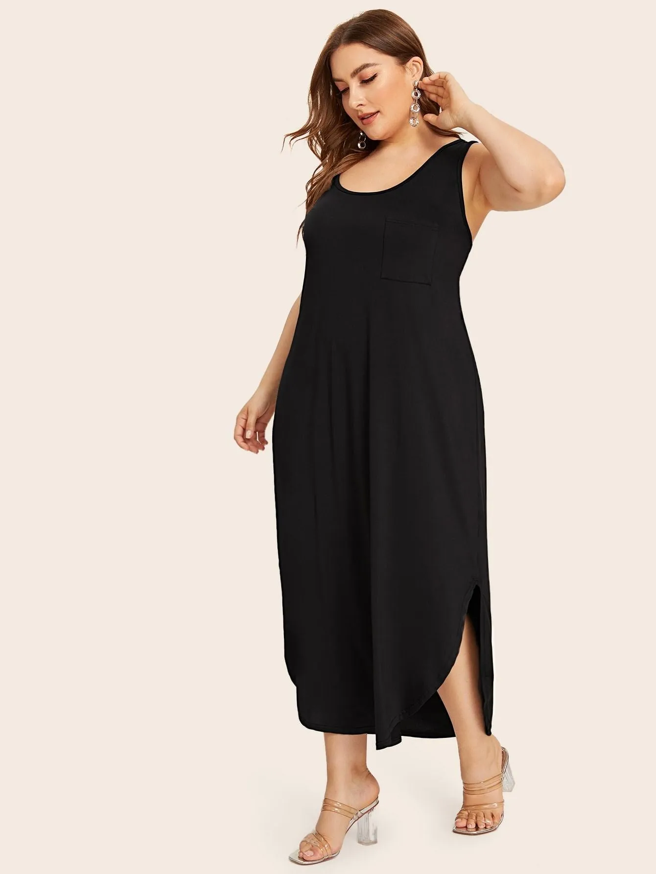 Plus Split Curved Hem Cami Dress