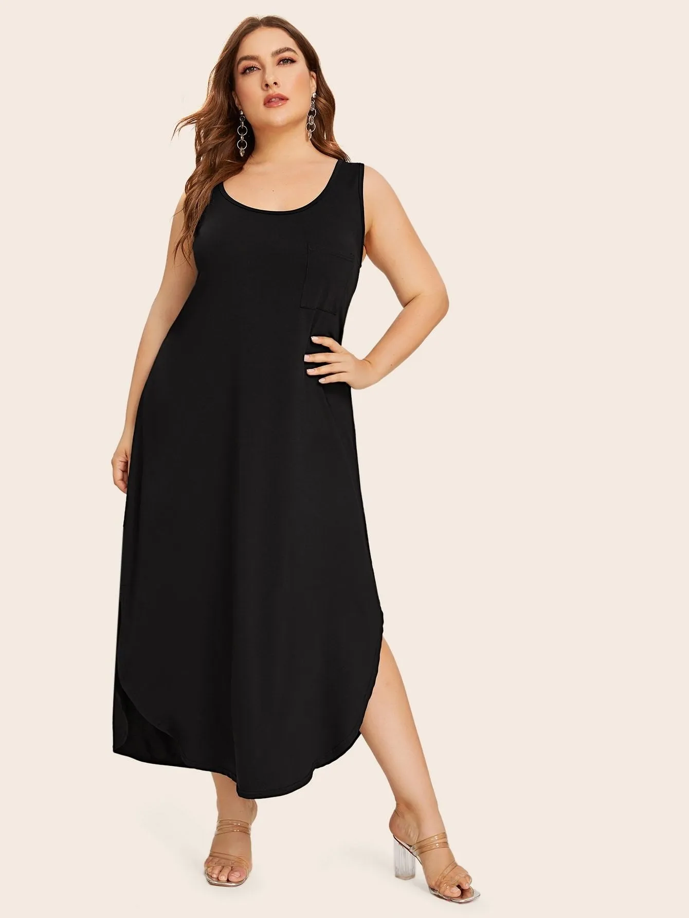 Plus Split Curved Hem Cami Dress