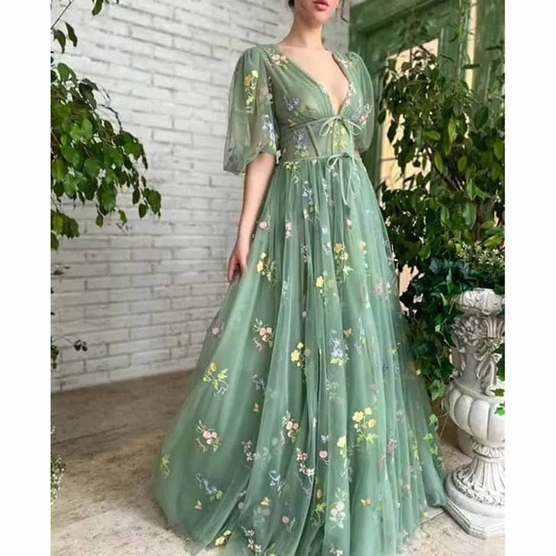 Puffy Sleeve Long Prom Dresses Flower Embroidery Tulle Gowns V Neck A-line Formal Evening Party Gown