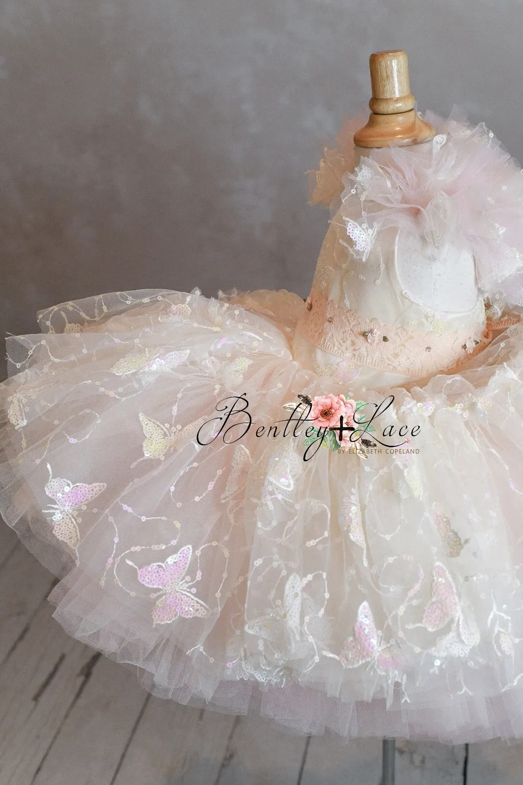 "Daydreaming" Butterflies soft champagne  pink -  Petal Length Dress ( 3 Year - Petite 4 Year)