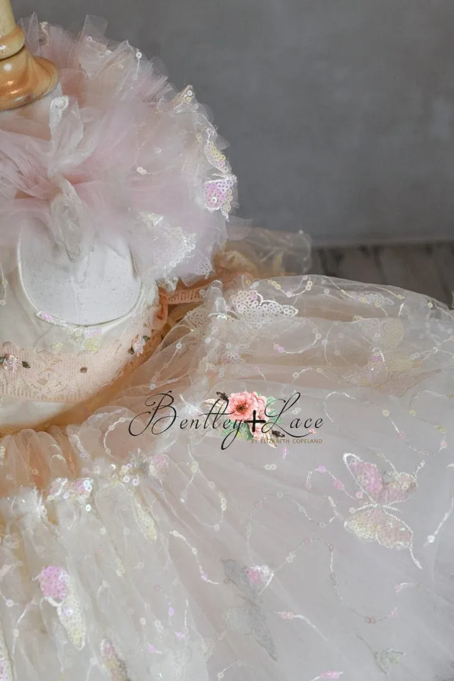 "Daydreaming" Butterflies soft champagne  pink -  Petal Length Dress ( 3 Year - Petite 4 Year)