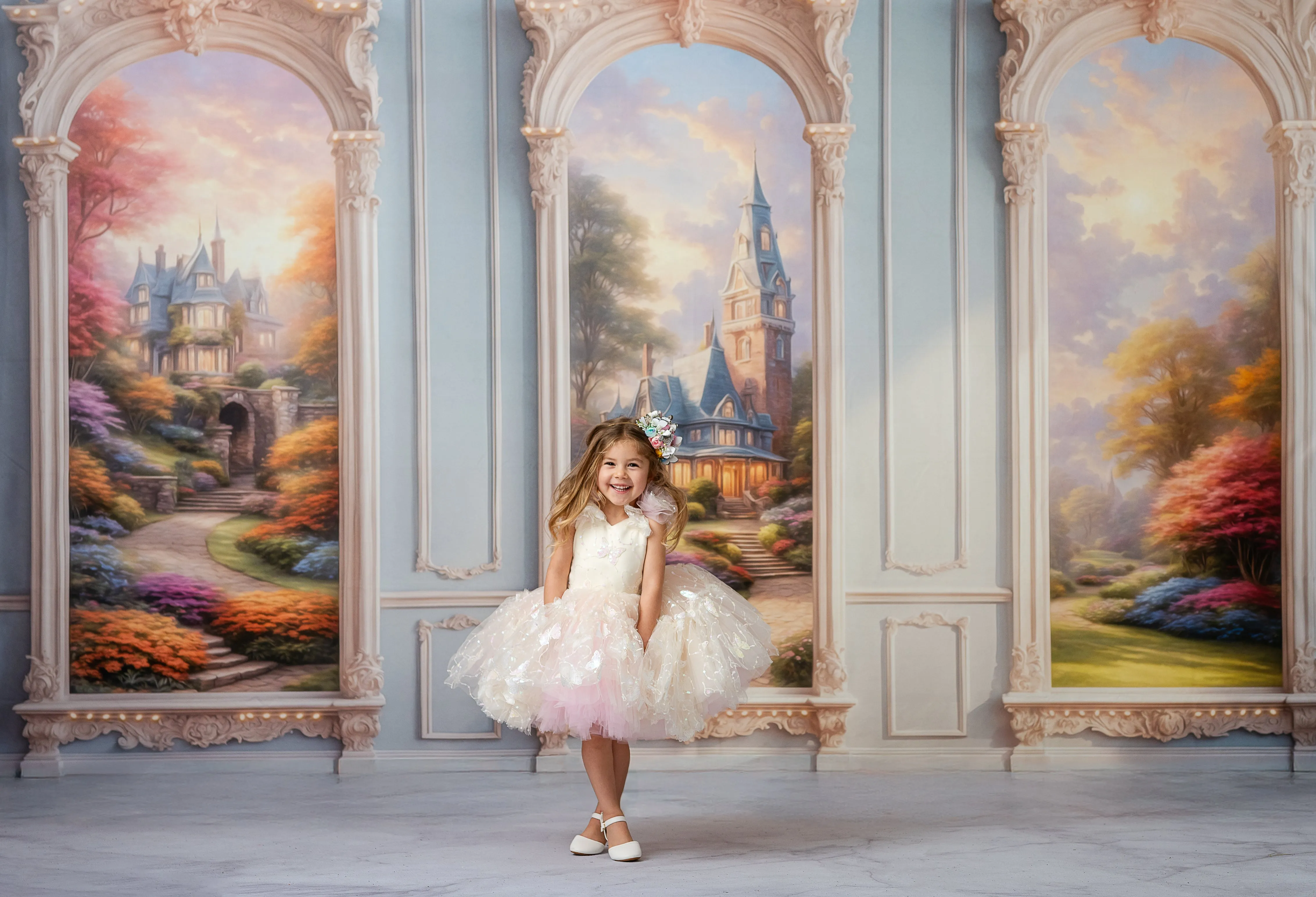 "Daydreaming" Butterflies soft champagne  pink -  Petal Length Dress ( 3 Year - Petite 4 Year)