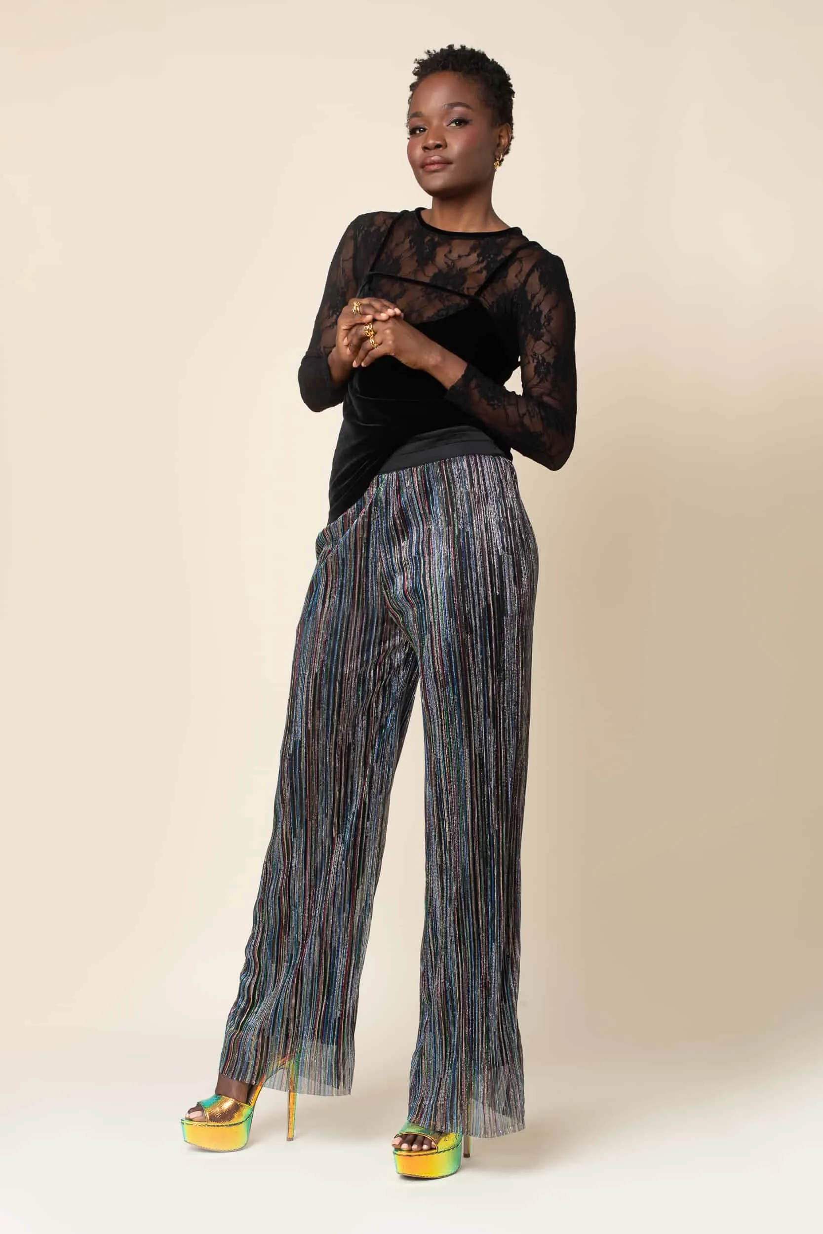 Rainbow Shimmer Pleated Wide Leg Tuxedo Pant