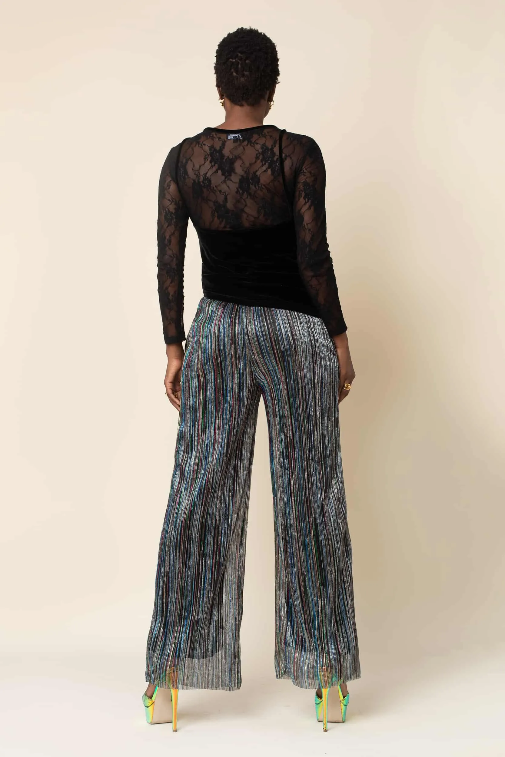 Rainbow Shimmer Pleated Wide Leg Tuxedo Pant