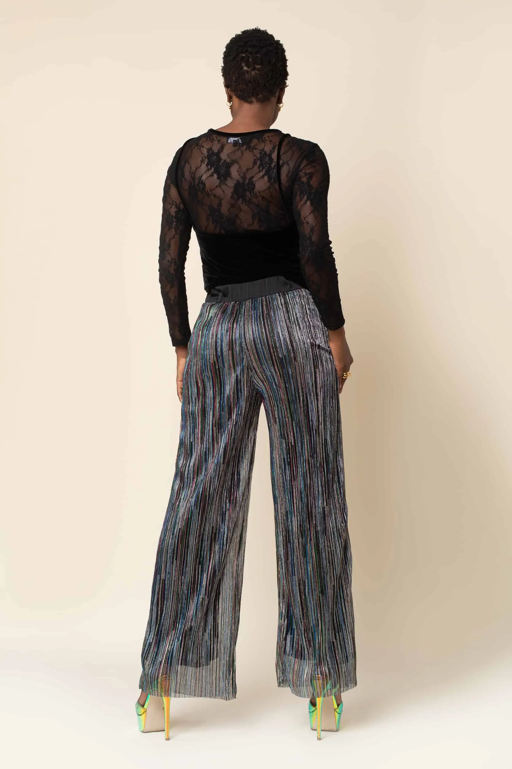 Rainbow Shimmer Pleated Wide Leg Tuxedo Pant