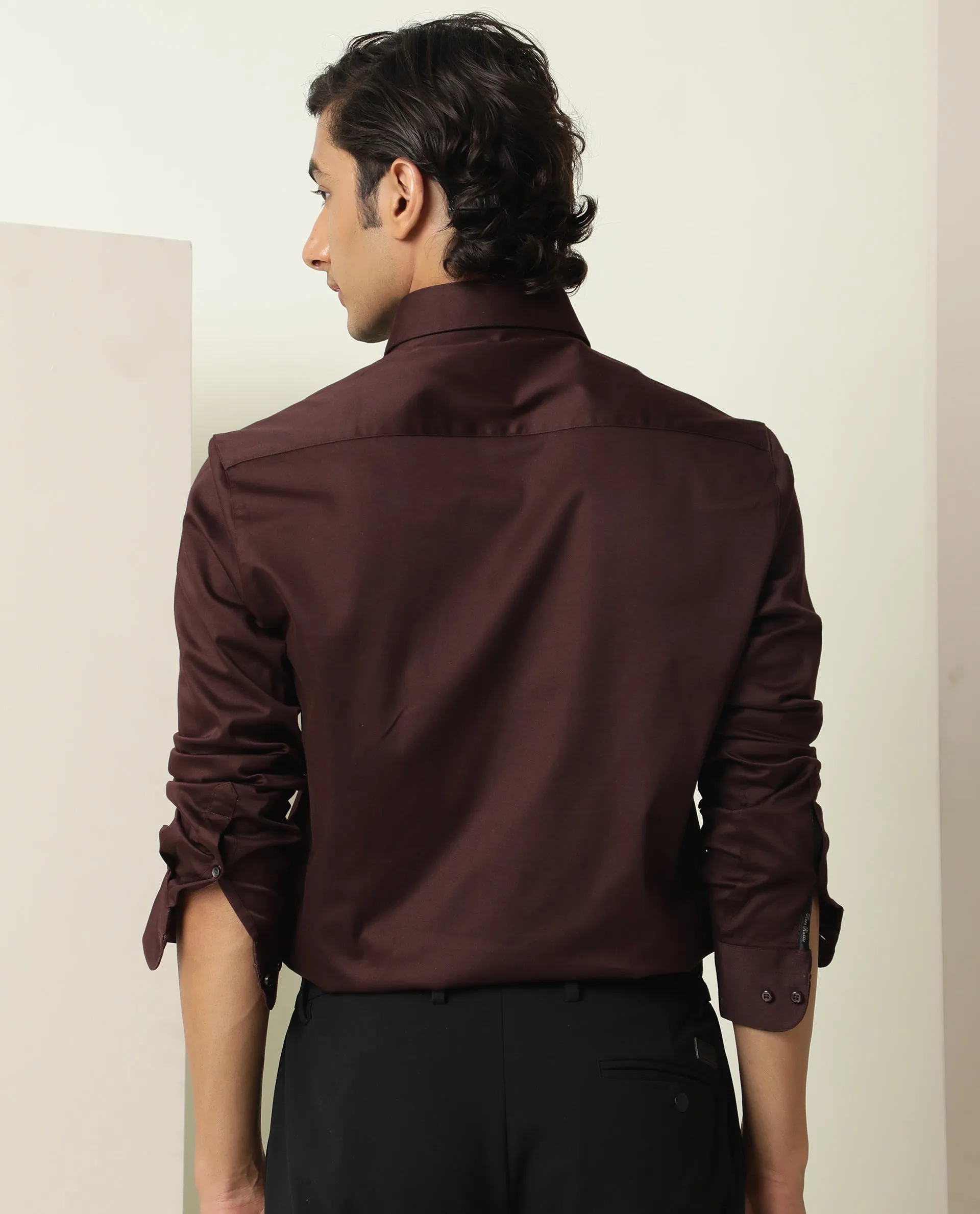 Rare Rabbit Men's Como Dark Maroon Satin Fabric Button Down Collar Full Sleeves Solid Formal Shirt