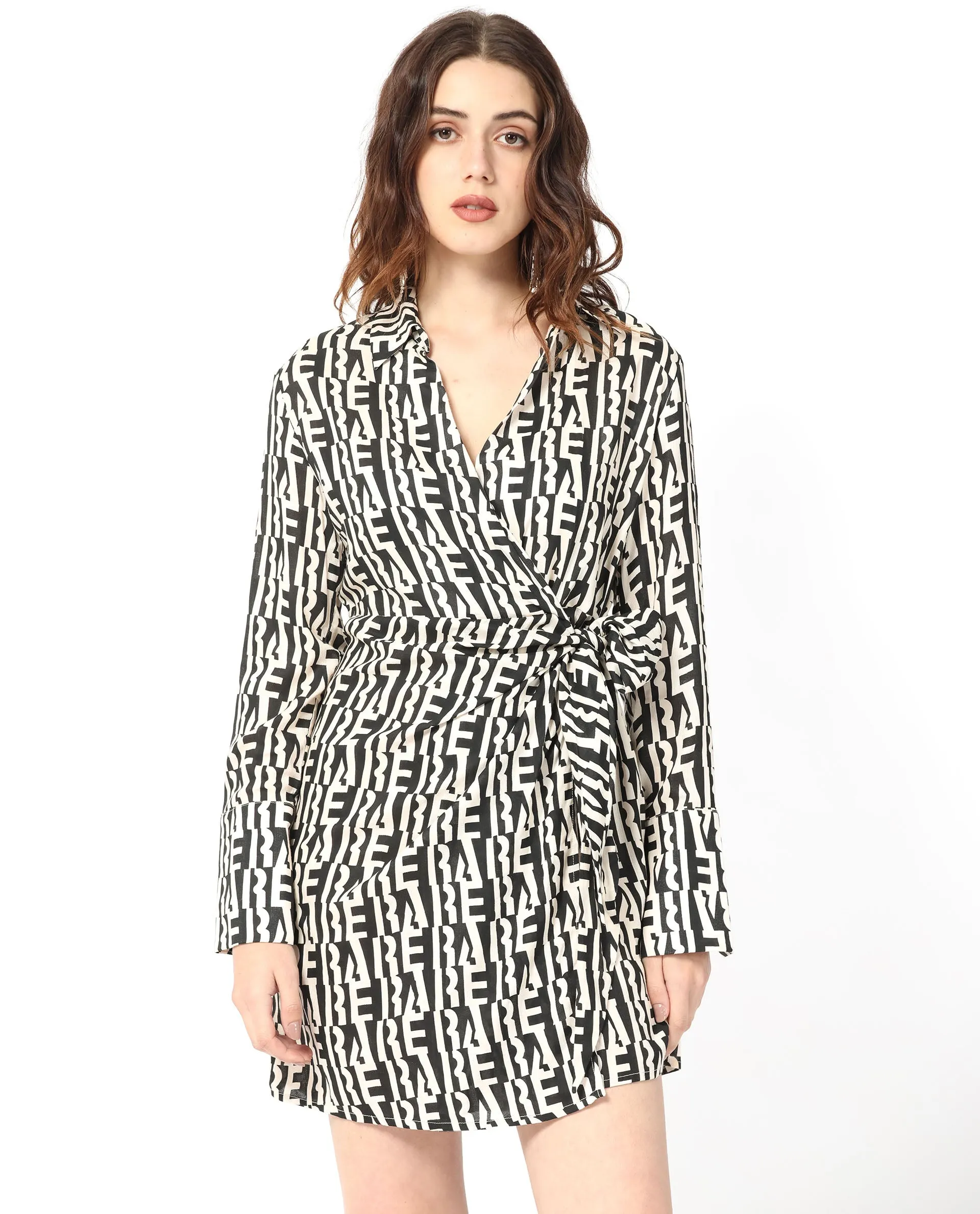 Rareism Women Sent Off White Abstract Print V Wrap Neck Full Sleeves With Pockets Wrap Mini Dress